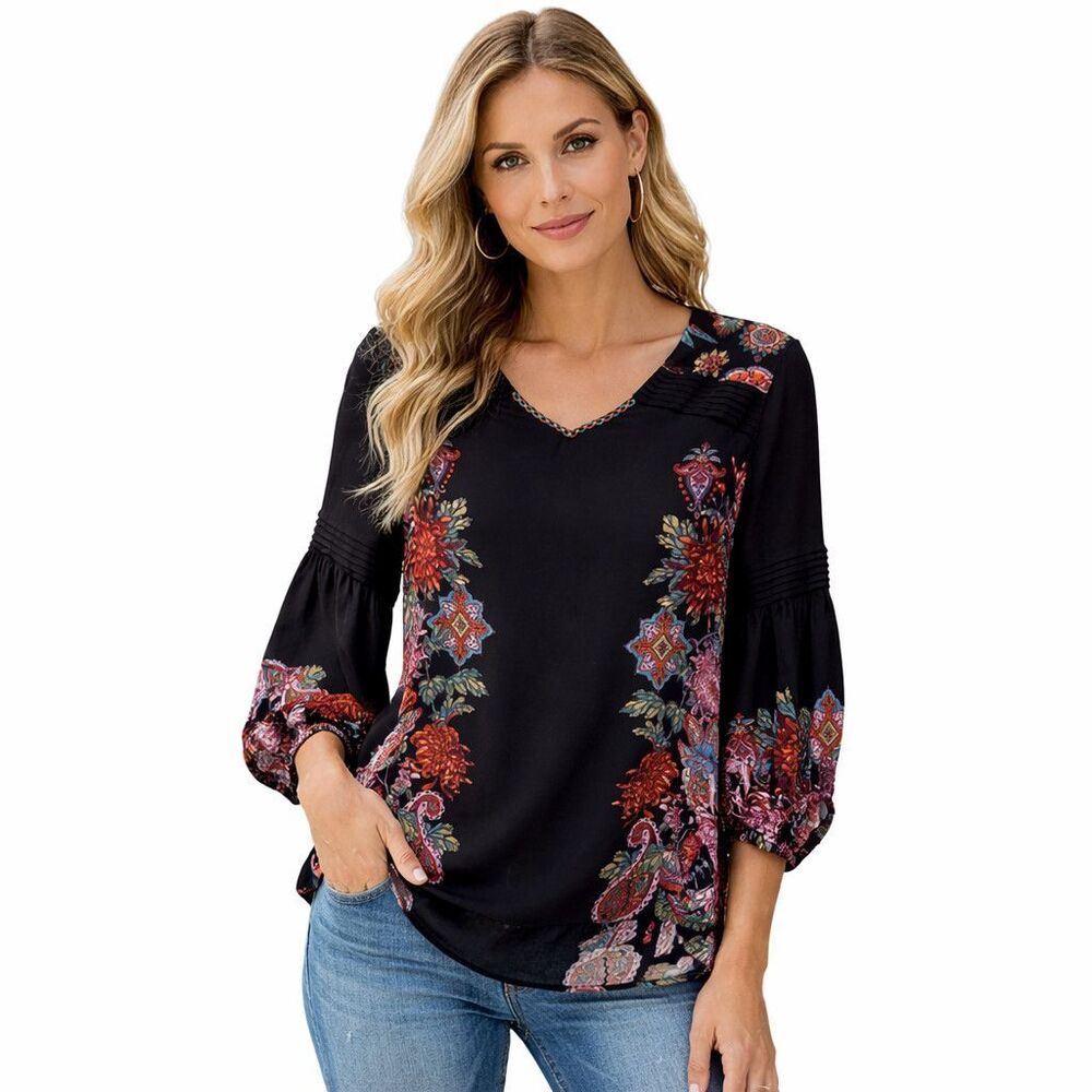 John Mark Blouse Womens Small Black V Neck 3/4 Balloon Sleeve Floral Tunic Boho